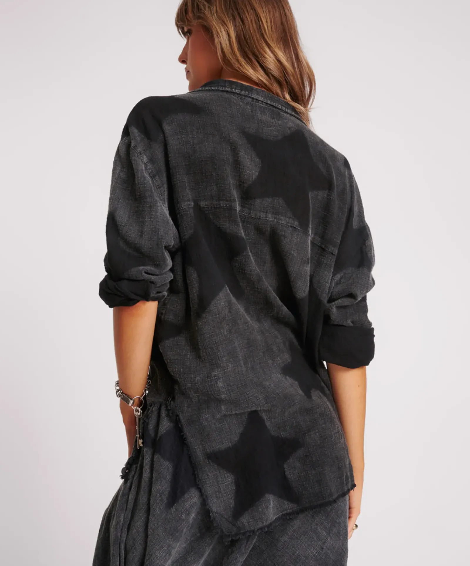 Women One Teaspoon Black Star Muslin Longline Shirt - Charcoal