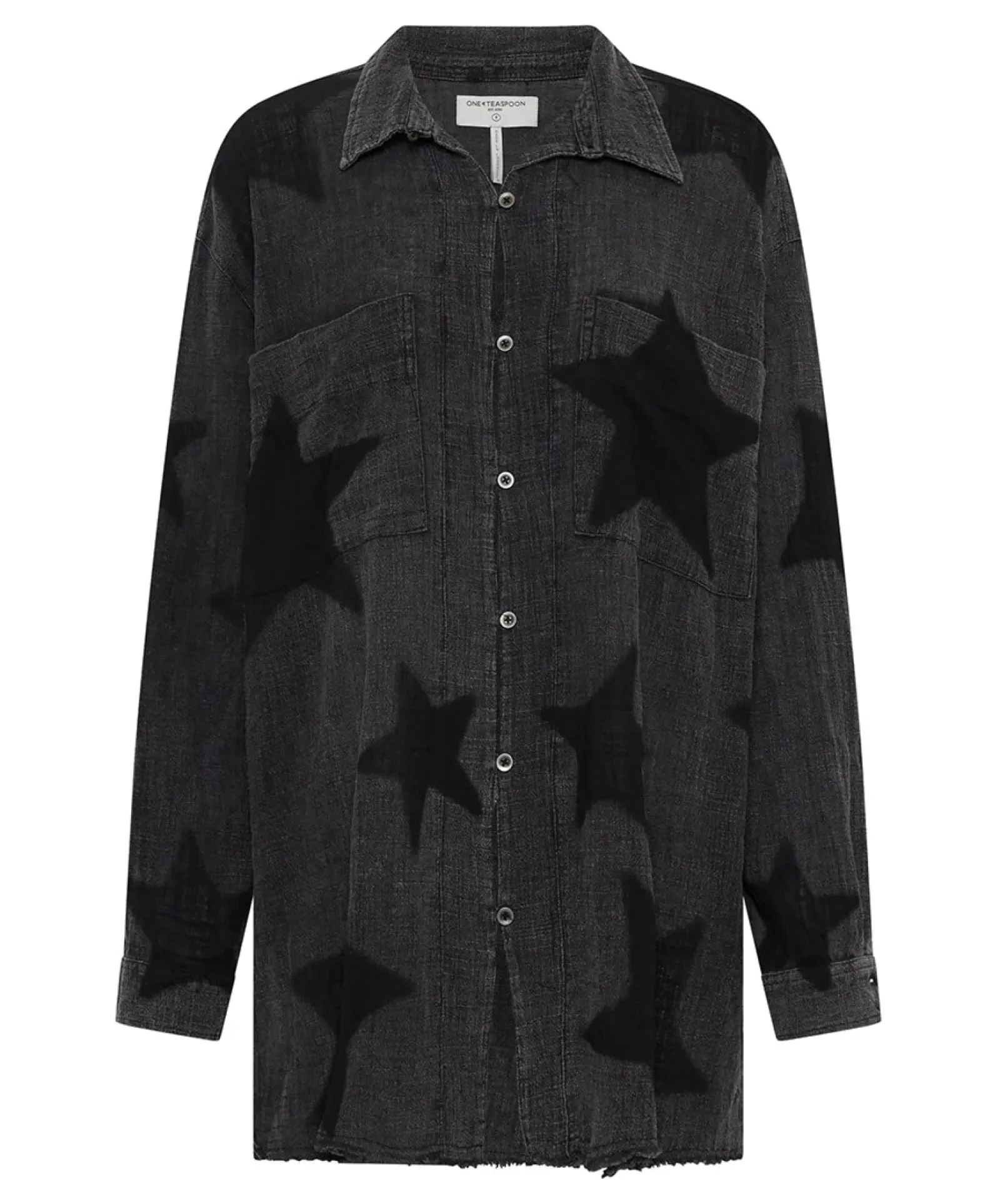 Women One Teaspoon Black Star Muslin Longline Shirt - Charcoal