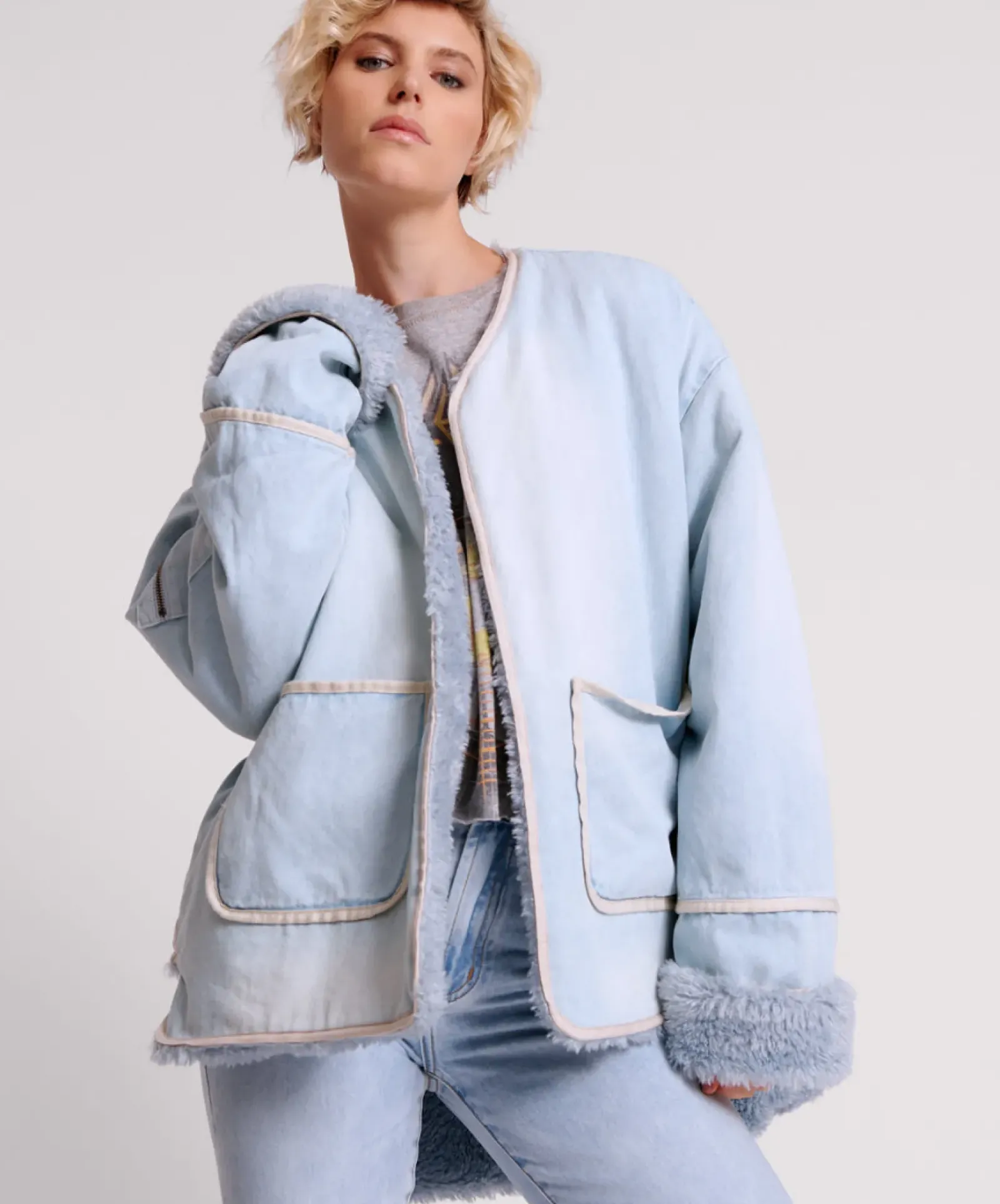 Women One Teaspoon Blue Space Teddy Throwover Denim Jacket