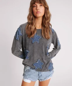 Women One Teaspoon Denim Star Boyfriend Longsleeve Tee - Black Acid