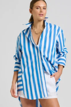 Women Shirty Clothing Shirty Andrea Oversized Boyfriend Shirt- Mid Blue Stripe