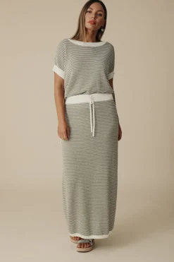 Women Talamaya Lattice Short Sleeve Pullover- Dusty Olive & Cream