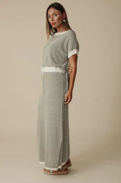 Women Talamaya Lattice Short Sleeve Pullover- Dusty Olive & Cream