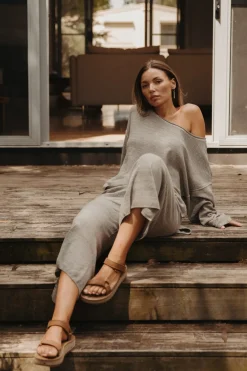 Women Talamaya Retreat Cotton Twist Pant - Dusty Olive & White